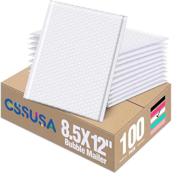 GSSUSA White Bubble Mailers 8.5x12 Padded Envelopes 100 Pack Self-Seal Packaging Bags, Small Business Supplies, Shipping Envelopes, Mailing Bags, Packaging for Small Business, White