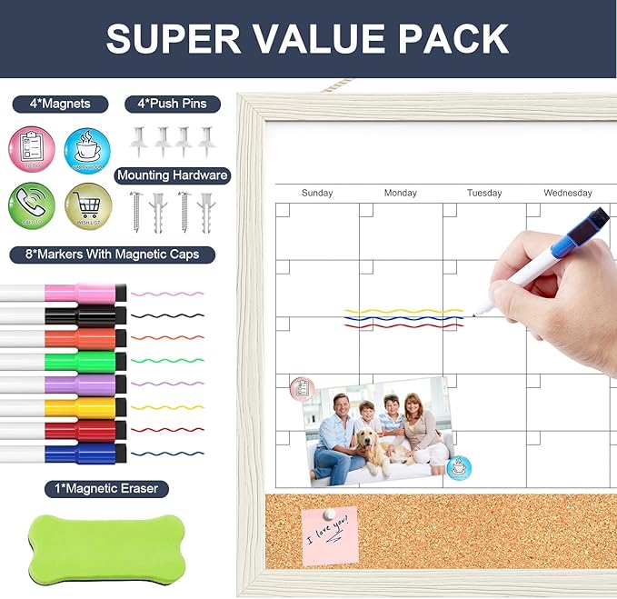 Dry Erase Calendar for Wall, 17x13 Hanging Whiteboard Calendar | Magnetic, With Cork Board, Hangable, Wooden Frame, Ideal for Dorm Room, Office, Kitchen, Bedroom, Home, School, Classroom