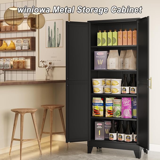 winiowa Metal Pantry Cabinet with 2 Doors and Adjustable Shelves - 71" Kitchen Storage Cabinet with Gold Handles - Versatile Storage for Kitchen, Bathroom, Dining Room, Utility Room - Black