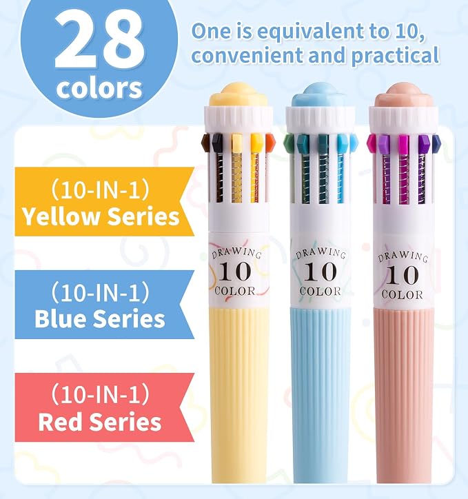 3 Pack Multicolor Pens, 10-in-1 Colored Ballpoint Pen, 28 Colors | 0.8mm Fine Point Smooth Writing, Retractable Ballpoint Pens for Office School Students Teens