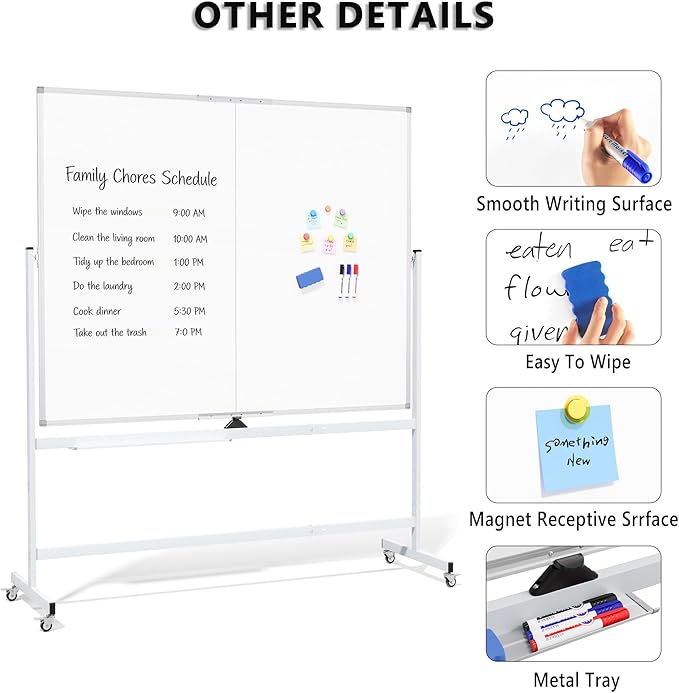 Large Rolling Whiteboard on Wheels, 60" x 48" Double-Sided Mobile White Board with Stand, 5' x 4' Portable Standing Magnetic Dry Erase Board Easel for Home Office Classroom School, Silver