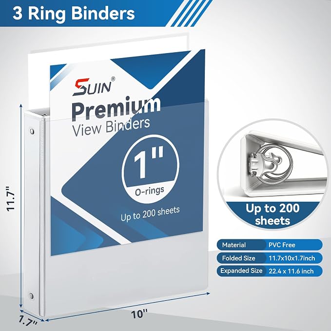 SUIN 3 Ring Binder Bulk 36 Packs -Premium 1'' Binders with Roung Ring Binder, Large 200 Sheet Capacity, Fit 8.5" x 11" US Letter Size Paper, White (1'' White - 36 Packs)