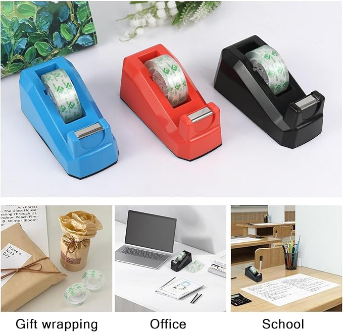 BOMEI PACK Tape Dispensers Desk, 1 Pack Black with 6Rolls Transparent Tape Refills, 1 Inch Core, for Gift Wrapping, School, Office and Home