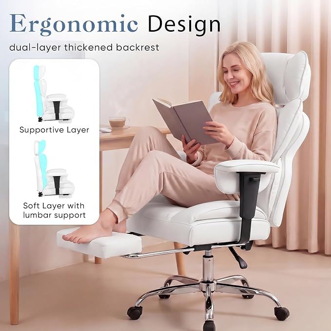 DUMOS Big and Tall Home Office Desk Chair, Executive Chair with Footrest | PU Leather, Ergonomic Comfy Lumbar Support, High Back Reclining, Adjustable Armrests, White