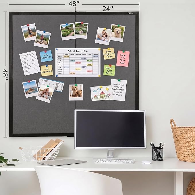 Gideal Large Bulletin Board 48 x 48, Cork Boards for Walls | Foldable Cork Board with Black Pine Frame & Grey Linen Surface, Wall Mounted Pin Board for Home Office, Classroom, Kitchen