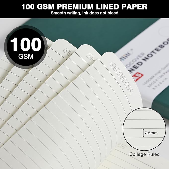 (3 Pack) Lined Journal Notebook with Pen, A5 (5.7"x8.4") Leather Hardcover Journaling Notebooks for Women Men Work, 160 Pages per Note Book, 100GSM Paper, School Office Supplies, Black