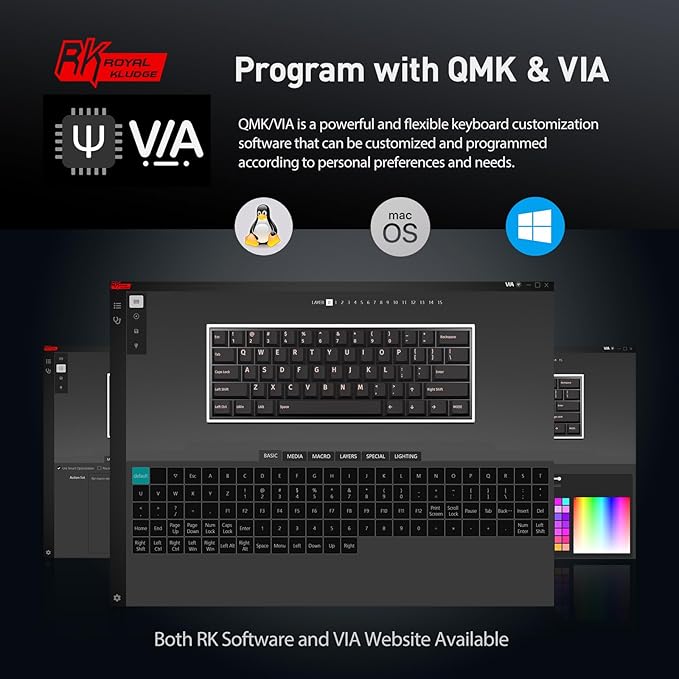 RK ROYAL KLUDGE RK61 Wired 60% Mechanical Gaming Keyboard Programmable QMK/VIA RGB Backlit 61 Keys Ultra-Compact Hot Swappable Red Switch Black