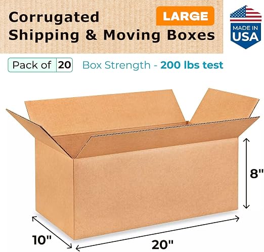 Large Shipping & Moving Boxes 20"L x 10"W x 8"H (20-Pack) - Extra Strength 200 lb vs Regular - Corrugated Shipping Boxes for USPS/UPS/FEDEX - Large Moving Box - Cardboard Box by IDL Packaging | Extra Strength 200 lb vs Regular - Corrugated Shipping Box...