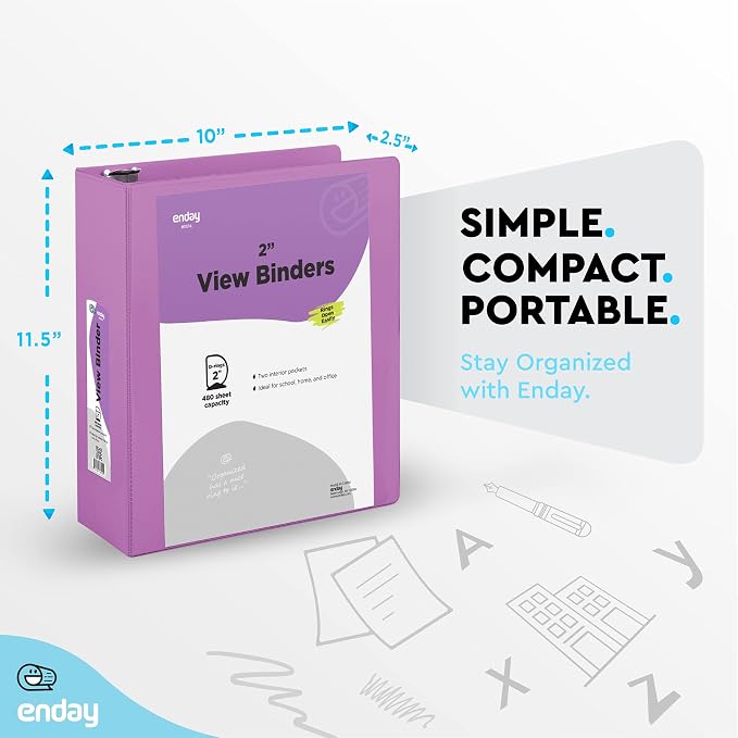 Enday 2 Inch 3 Ring Binder, Purple Heavy Duty Three Ring Binder, 480 Sheets Capacity - 2 Inch Binder for Home School and Office.