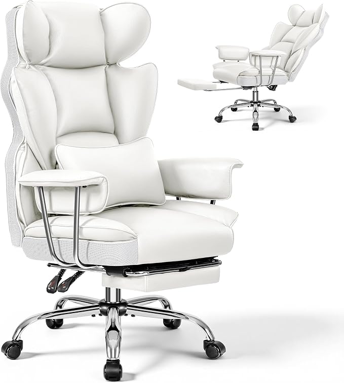 ALLGOD Big and Tall Office Chair 400LBS, Executive Ergonomic Leather Chair with Footrest, Wide Seat Gaming Office Chair with Pocket Spring Cushion, Reclining High Back Computer Desk Chair, White