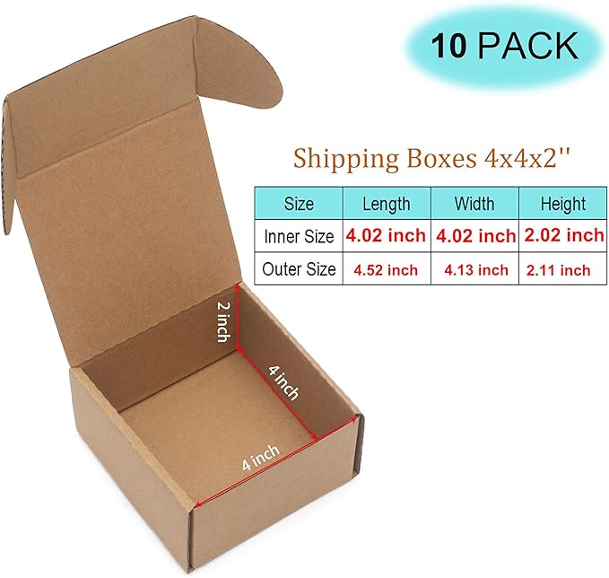 10 Pack Small Shipping Boxes 4x4x2'' (Inner Size) Corrugated Small Cardboard Boxes for Shipping, Recyclable Packaging Boxes for Business, Mailer, Gift Packing, Crafts Packing, Jewelry Boxes, Brown