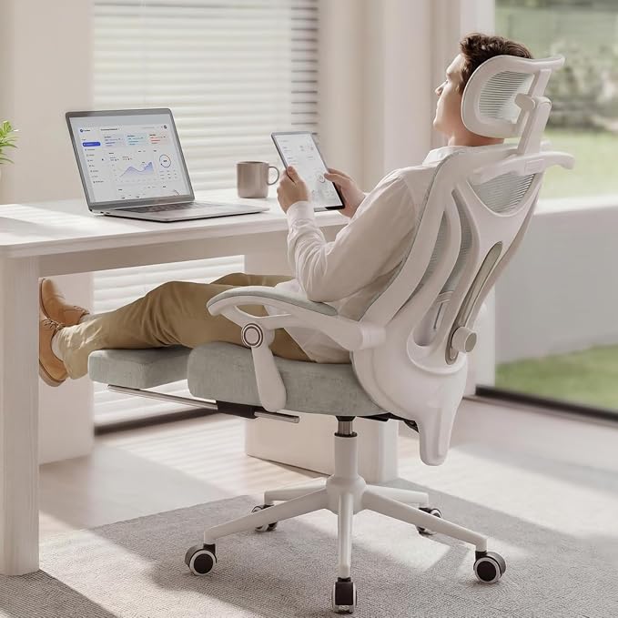 CYKOV Ergonomic Office Chair with Footrest - Adjustable Lumbar Support & Headrest, 90-135° Reclining Mesh Back Computer Chair - Home Office/Gaming, 350lbs Capacity | 4-Way Headrest (4.72" + 60°), 2-Way Lumbar (2" + 1.18"), 90-135° Recline, Breathable M...