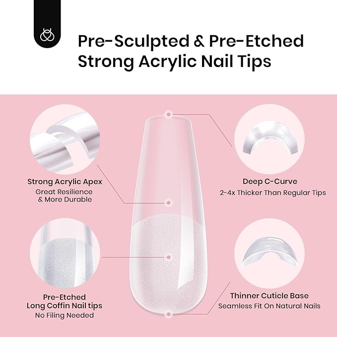 Beetles Tipex Instant Apex Nail Tips, 2 Boxes 256 PCS (Total 512 PCS), Pre-etched Long Coffin Acrylic Gel Nail Tips, Thick Clear Full Cover False Nails