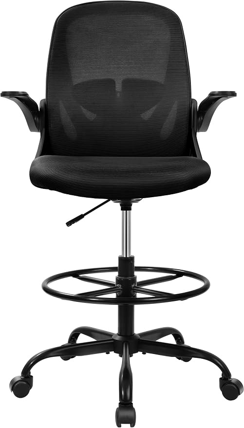 Drafting Chair Tall Office Chair with Flip-up Armrests Executive Ergonomic Computer Standing Desk Chair with Lumbar Support and Adjustable Footrest Ring (Black) (Pack of 2)
