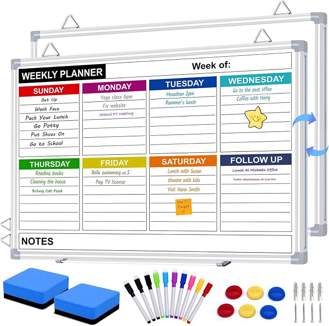 Weekly Planner Whiteboard, Weekly Dry Erase Board for Wall 16" x 12", Double-Sided Weekly Calendar Whiteboard with Pen Tray & Hook, Hanging Writing Schedule Board for Home, School, Office