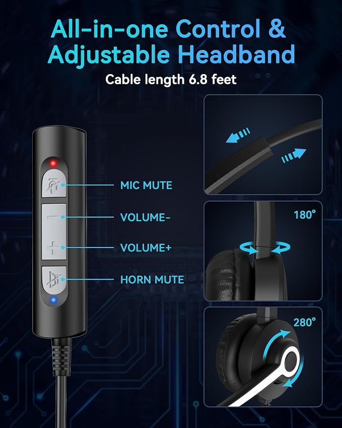 Voistek USB Headset with Microphone for PC, Computer Headset with Noise Cancelling Mic, Mute & Volume Control, Wired Headset for Work, Zoom, Teams, Online Meetings, Home Office