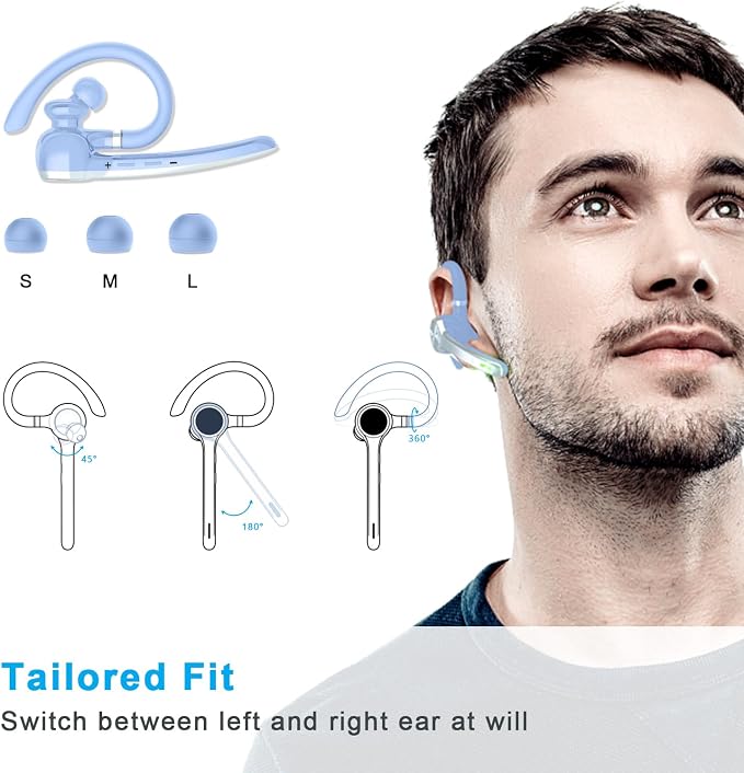 HEIBAS Bluetooth Headset, Wireless Earpiece with Mic for Work Light Blue | 72H Playtime, 500mAh Charging Case, Hands-Free Calling with Mute Button for Trucker, Office, Driving, iPhone, Light Blue