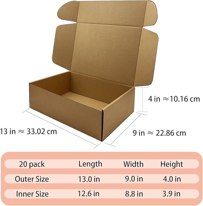 13 x 9 x 4 inch Shipping Boxes Set of 20， Brown Corrugated Cardboard Box Mailer Boxes for Packaging Small Business Shipping，Mailing Boxes Bulk for Birthday Wedding Party Book Literature Gift Giving