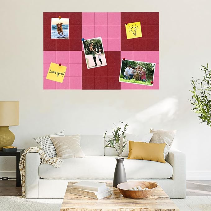 Large Square Felt Cork Board Tiles, Self Adhesive DIY Felt Bulletin Board Pin Board with 35 Pushpins for Office School Home Wall Decor Stickers Memos Photos Display (Red & Pink)