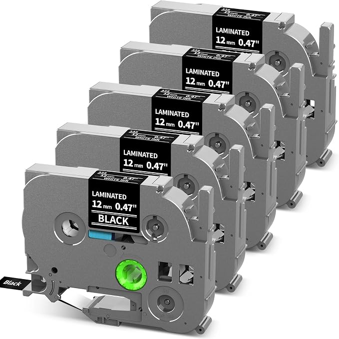 Replace for Brother TZe-335 Label Maker Tape White on Black Label Tape 1/2" | TZe335 TZ Tape 12mm 0.47 Laminated Black for Brother PT-H103w H110 D210 D220 D400 1180 1280 1890 2040 P-touch Refills, 5-Pack
