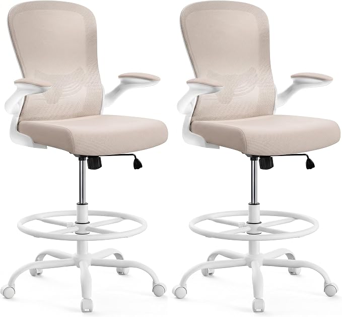ErGear Drafting Chair,Tall Office Chair with Flip-Up Armrests, High Desk Chair Adjustable Height and Adjustable Footrest Ring, Ergonomic Standing Desk Chair with Lumbar Support, Khaki,2 Pack