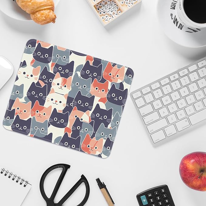 Mouse Pad with Stitched Edges - Cute Cat Mousepad for Women, 9.25 x 7.75 inch Washable Square Desk Pad, Non-Slip Rubber Base, Office Home Laptop Accessories - Meow Harmony