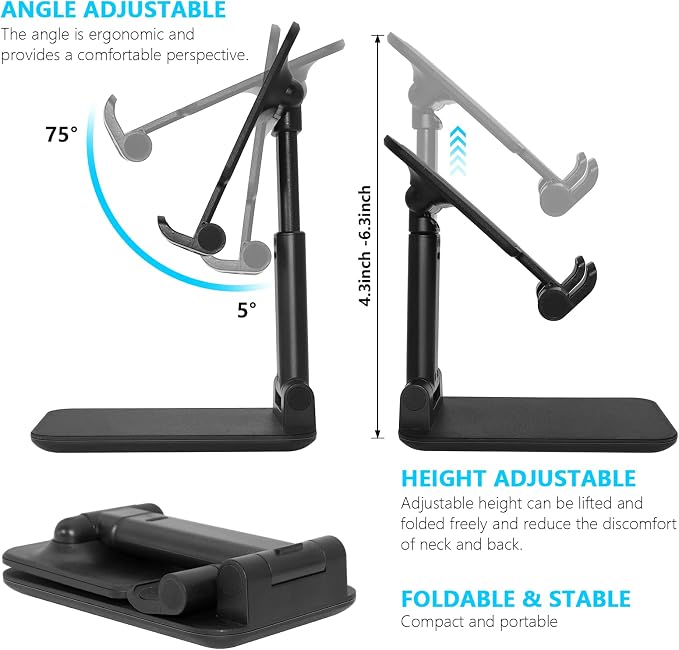 2 Pack Phone Stand for Desk, Angle & Height Adjustable Phone Holder | Fully Foldable & Portable, Compatible with All Under 6.5" Smartphones, Ideal for Home, Office & Travel Use, White & Black