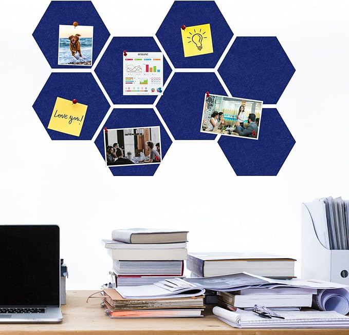 Large Hexagon Felt Cork Board Tiles, Self Adhesive DIY Felt Bulletin Board Pin Board with 35 Pushpins for Office School Home Wall Decor Stickers Memos Photos Display(Dark Blue)