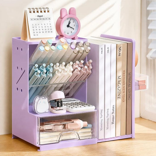 Sooez Desk Organizer with Bookends, Pegboard & Drawer, Pen & Pencil Holder | Desk Accessories with 5 Compartments, Teacher School Office Supplies, Dorm Room Organization Storage for Sticky Notes, Purple