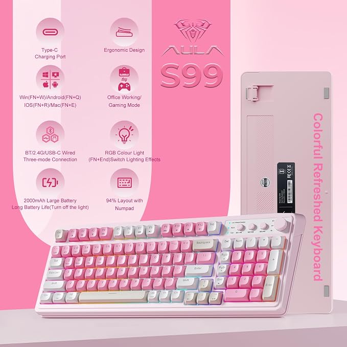 AULA S99 Gaming Keyboard, Wireless Computer Keyboards with Media Knob | 99 Keys Membrane Keyboard,RGB Backlit,Tri-Mode BT/2.4GHz/USB-C,2000mAh Rechargeable Thocky Clicky Creamy Sounding Keyboard