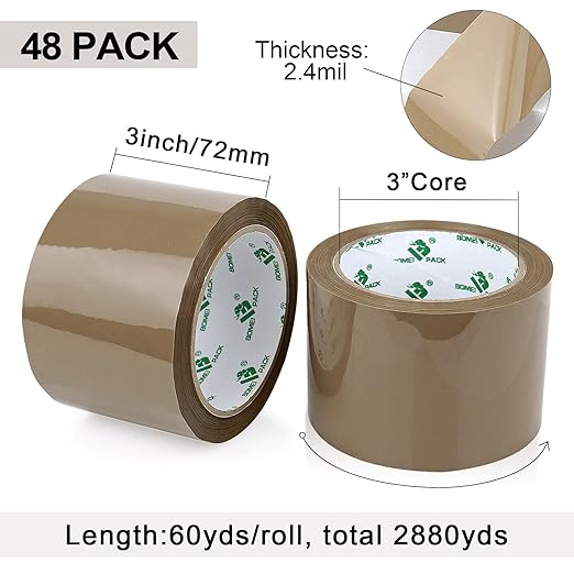 BOMEI PACK Wide Brown Packing Tape 3 inch, 48 Refills Rolls Bulk Shipping Tape for Heavy Duty Packaging, Moving, Shipping and Storage, 2.4 Mil x 60 Yards