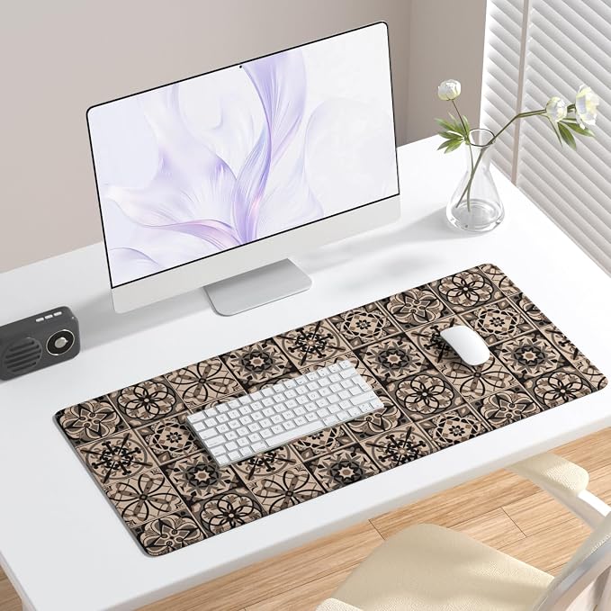 Desk Mat, Large Gaming Mouse Pad, 32" x 12", Boho Moroccan Tile | Waterproof Desk Pad, Non-Slip Rubber Base, Desktop Mat with Stitched Edges, Desk Accessories for Office, Work, Home
