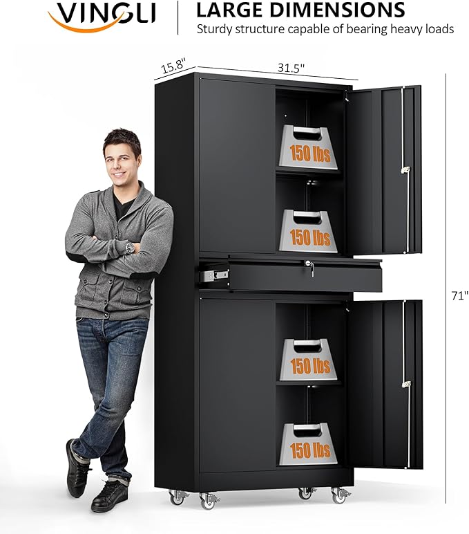 VINGLI Metal Storage Cabinet with 4 Doors and Drawer, 71" Tall Steel Lockable File Cabinet, Garage Storage Cabinet with Wheels and Locks (Black)