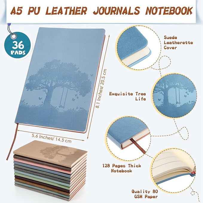 TaoBary 36 Pcs Employee Appreciation Gift A5 PU Leather Journals Bulk Colorful Tree Lined Journal Notebook Soft PU Leather Cover Ruled Writing Notebook for Office School Teacher Nurse (Assorted Colors)