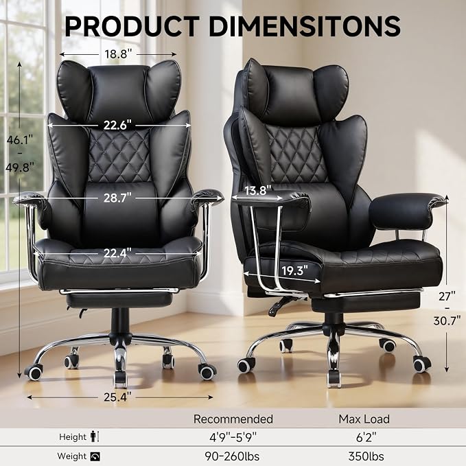 COMHOMA Big and Tall Office Chair, High Back Leather Gaming Chair with Footrest, Executive Ergonomic Office Chair with Pocket Spring Lumbar Support and with Outward Fixed Soft Armrests