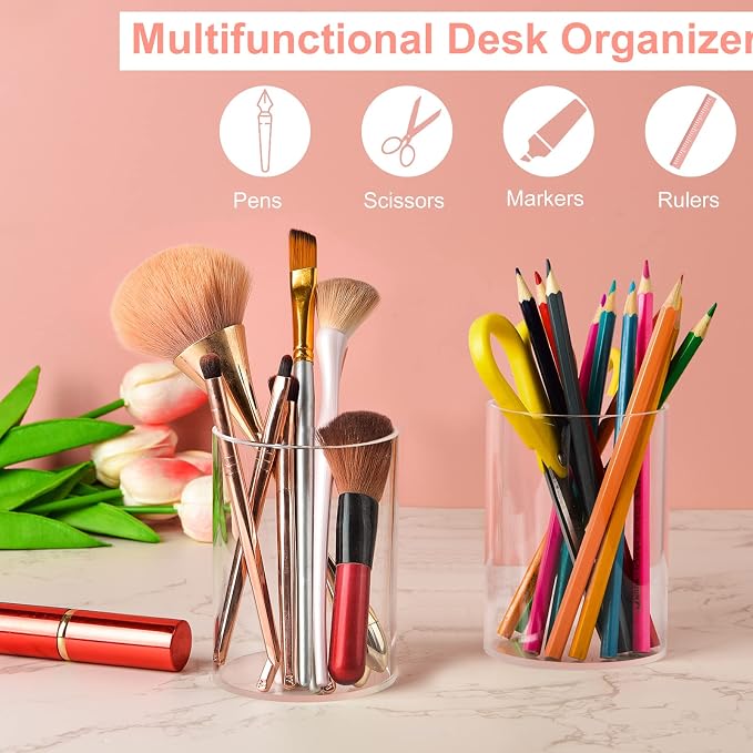 Mototo 4 Pieces Clear Acrylic Pen Holder Round Acrylic Pencil Cup Clear Makeup Bush Holder Acrylic Desktop Stationery Organizer for Office School Home Desk Accessories (4 Pack, Round)