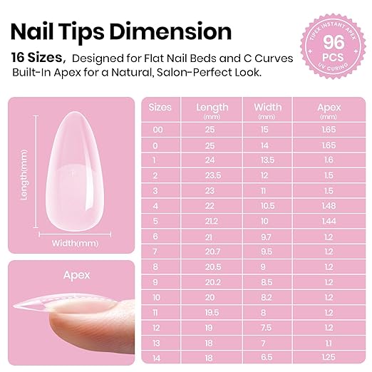 Beetles Tipex Lite Instant Apex Nail Tips, Medium Almond, 16 Sizes | 00–14, Built-in Apex Acrylic Tips for Flat & Natural Nail Beds, Beginner-Friendly Easy DIY Nail Extensions