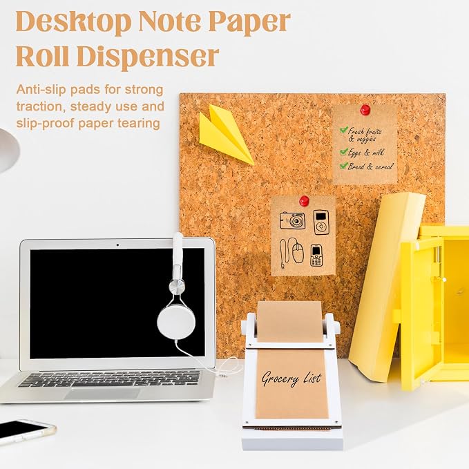 Desktop Note Paper Roll Dispenser with 98ft Note Taking Roller Wooden Kraft Paper Roll Holder Fit 3x2.75 Inch Sticky Note Roll Tearable Cutter Grocery List Roll Paper Holder for to-Do Lists