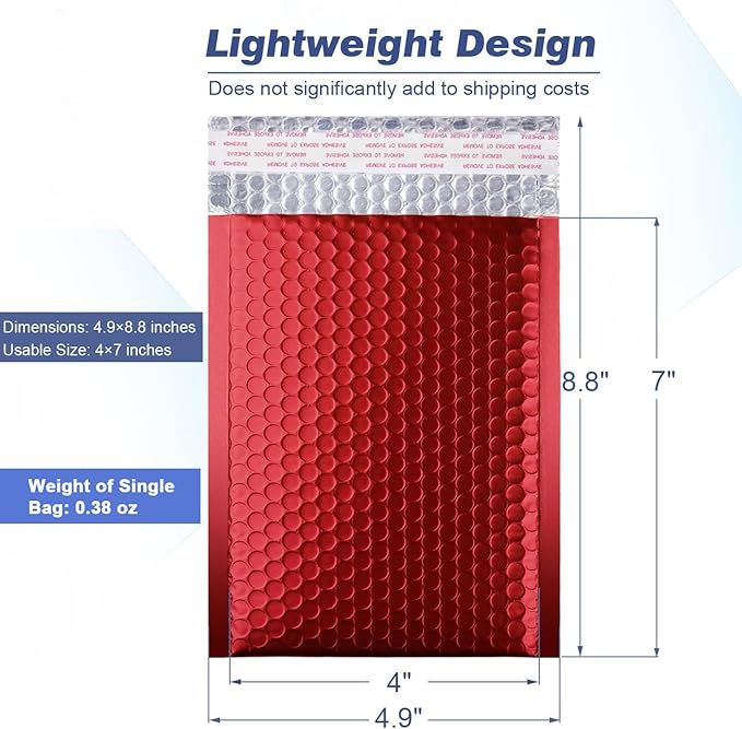 Metallic Matte Red Bubble Mailers - Durable 4x8 Inch Padded Envelopes with Secure Self-Seal Closure - Lightweight & Tear-Resistant Shipping Bags, Pack of 25