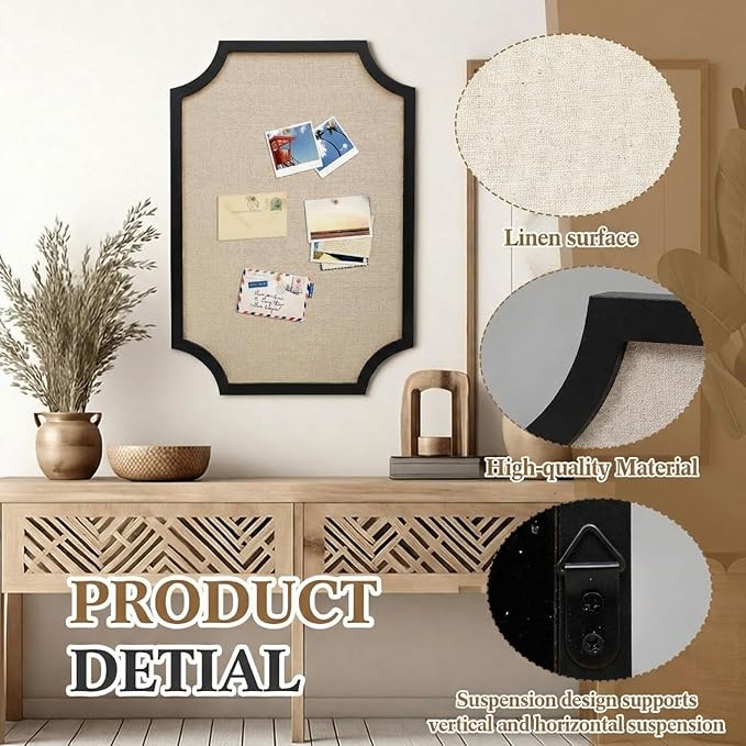 Vintage Framed Pin Board Linen Display Bulletin Board Large Ornate Fabric Picture Photo Pinboard Memo Decorative Prayer Pinboard Ornate for Wall Gift(Scalloped,24" X 36",Black)
