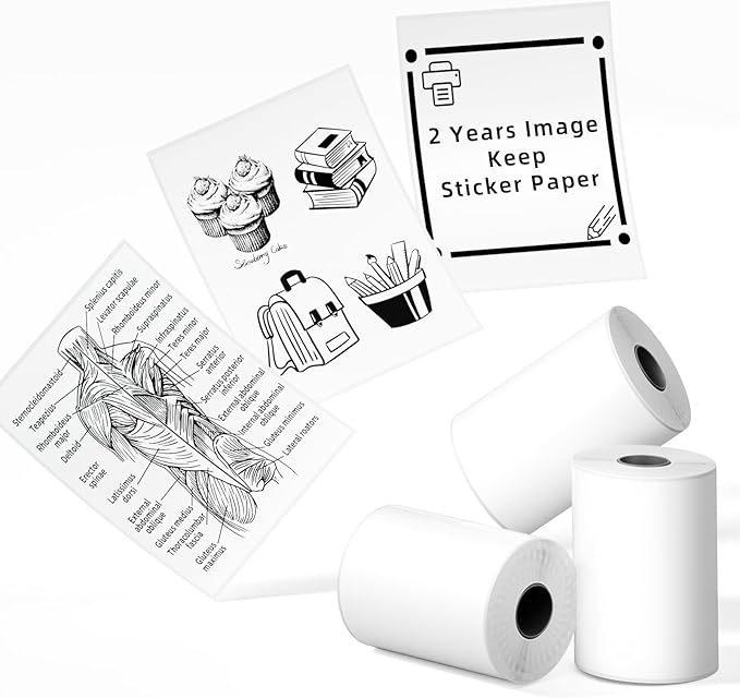 Phomemo Sticker Paper- for T02/T02Pro/Q02E/M02X/Y02C/Q02 Mini Printer, White Thermal Sticker for Study Notes, Photo, DIY, Stickers, Image Time 2 Years, Black on White Sticky Paper, 50mm x3.5m, 3 Rolls