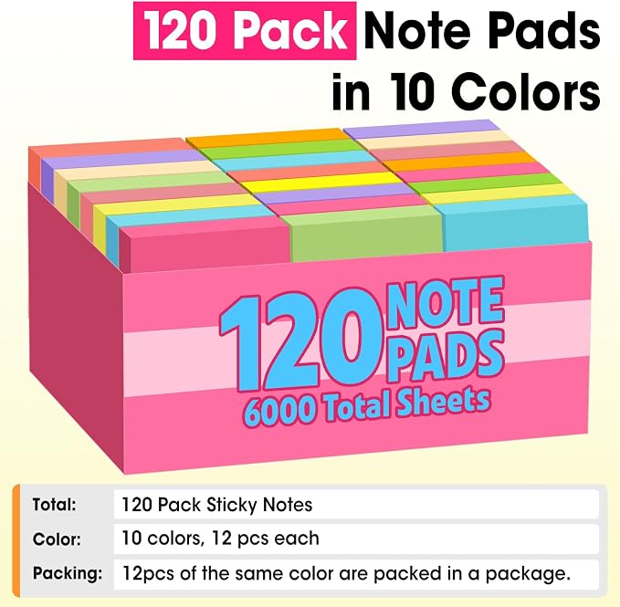 120 Pads Sticky Notes 3x3, Bright Colors Self-Stick Pads Bulk, Super Sticky Notes, School Supplies, Office Products, 50 Sheet/Pad