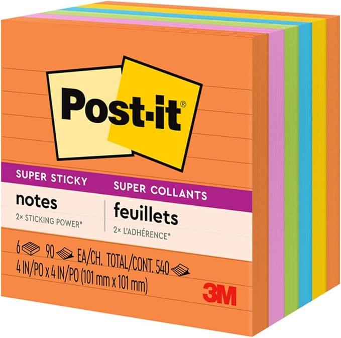 Post-it Super Sticky Lined Notes, 6 Sticky Note Pads, 4 x 4 in., Ideal for Organization in Your Dorm, Home or Office, Energy Boost Collection