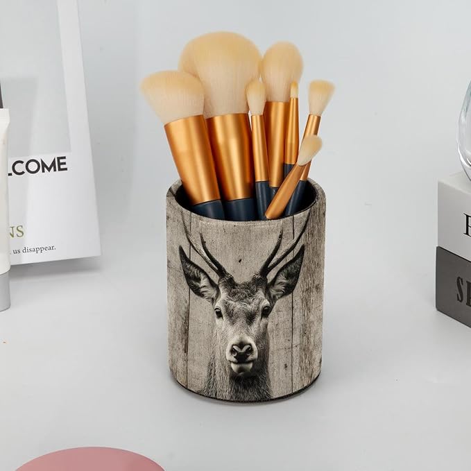 Leather Pen Holder for Desk, Ancient Wooden Wall Deer Pencil Cup Pen Organizer Makeup Brush Holder for Office Home Kids Countertop Desk Accessory Storage