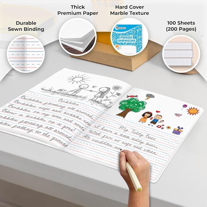 100 Pack Bulk Composition Notebook, K-2 Primary Ruled, 100 Sheets | Primary Composition Notebook Bulk With Header For Drawing, 9-3/4 x 7-1/2, Grades K-2, 200 Pages, Grades K-2, Bulk Supplies