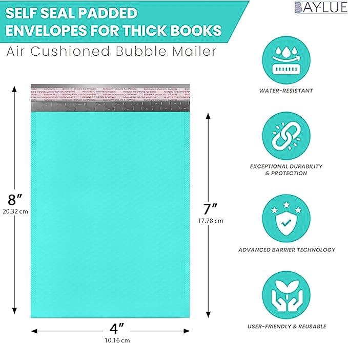 Teal Small Bubble Mailers 4x8 Inch #000 | Thick Padded Poly Bubble Mailer Envelopes | Trading card sports Card Bubble Envelopes | Mailing Envelopes | Water & Tear Resistant | 500 Pack Bulk
