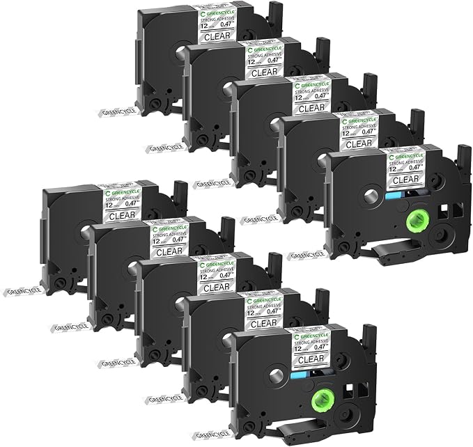 GREENCYCLE Extra Strength Label Tape TZe-S131 12mm 0.47" Laminated Clear Compatible for Brother P-Touch TZeS131 TZ-S131 TZe TZ 1/2 inch Black on Clear Label Tape for PT-D200 PT-D210 PT-D220 10 Pack