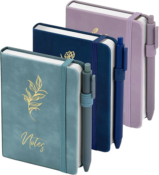 3 Pack Pocket Journaling Notebooks, A6 Small Notebook Total 360 Pages Journaling Notebooks For Note Taking Journals For Writing Mini Note Pads With Pen Holder 100 GSM Thick Paper(Deep Blue,Aegean Blue,Smoky Purple)