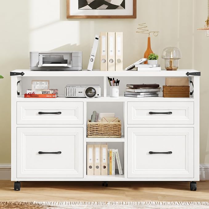 Halitaa Farmhouse Filing Cabinet with Adjustable Shelf & Wheels, White | Lateral File Cabinets, Office Storage Cabinet with 4 Drawers, Open Storage Space, for Hanging Files A4/Letter for Home Office