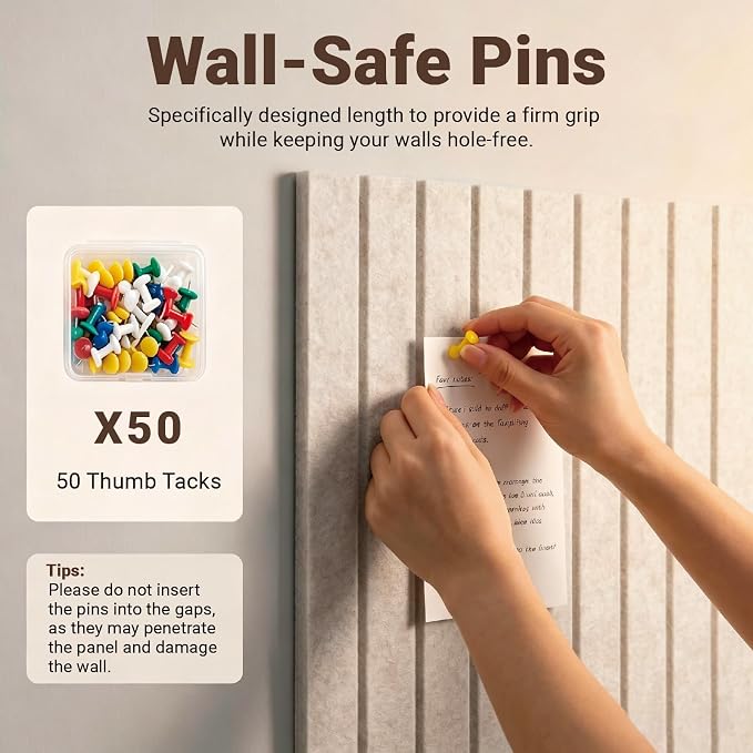 48" x 36" Large Felt Bulletin Cork Board 12PCS 60 Adhesives 50 Pushpins | Bulletin Board Pin Board, Sound-Dampening Damage-Free Mounting, Dorm Essential Wall Decor for Home & Officice, Light Camel